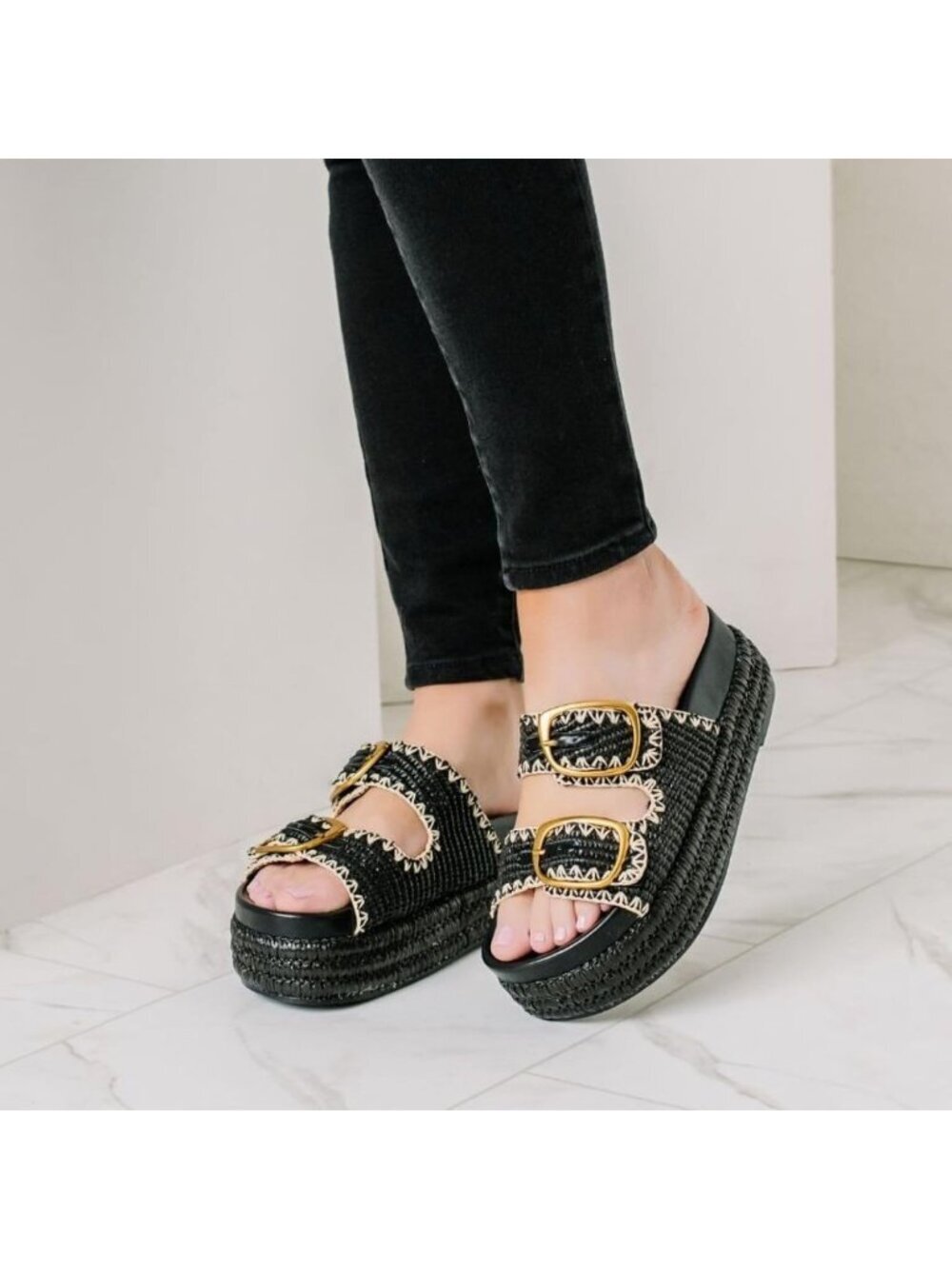Women's Black Polyurethane Double Buckle Espadrille Wedges Metallic Platform - Picture 2 of 2